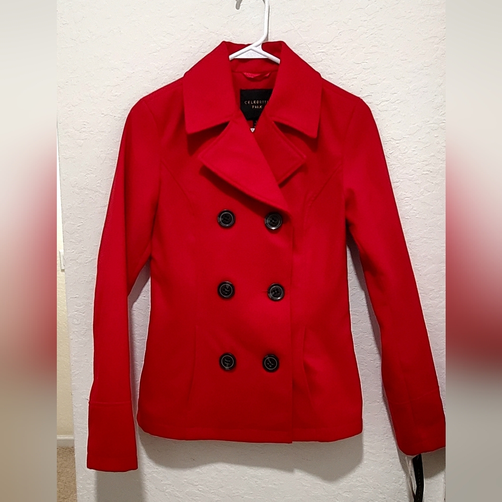 Celebrity Pink Double Breast Pea Coat In Vibrant Red Junior Size XS New W/tags - Picture 4 of 7